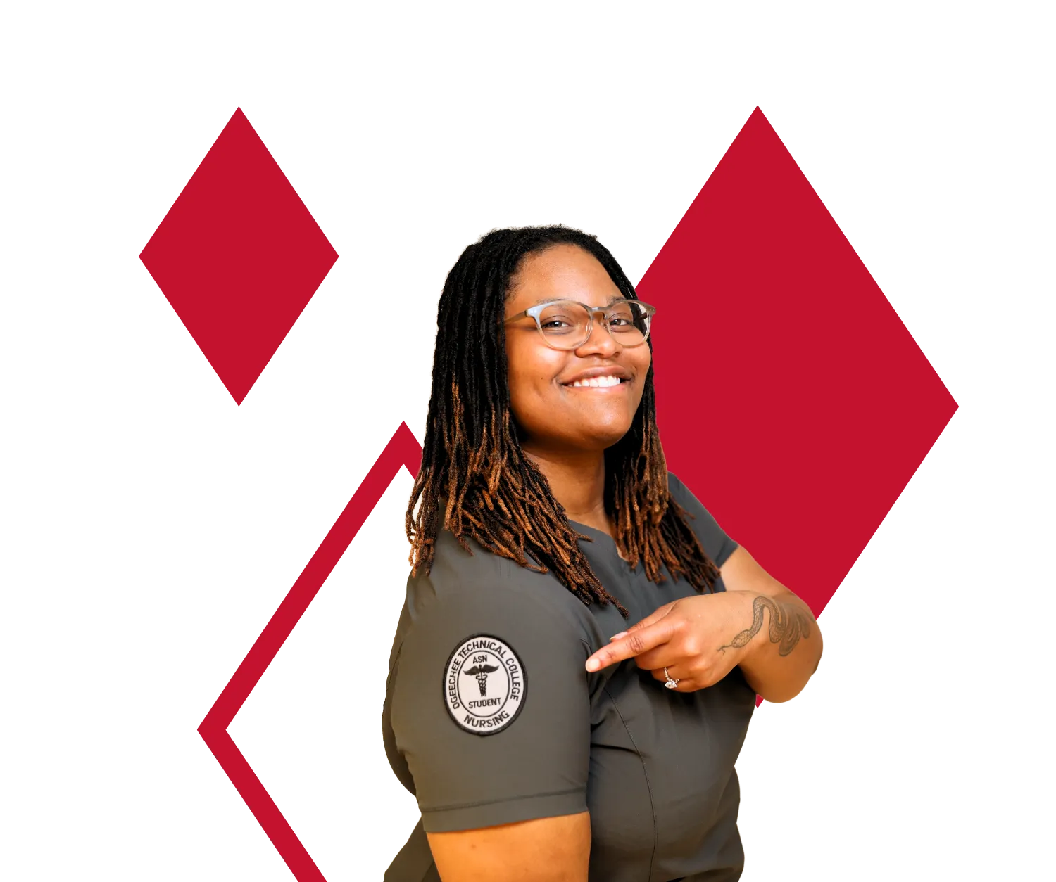 Student pointing at nursing patch